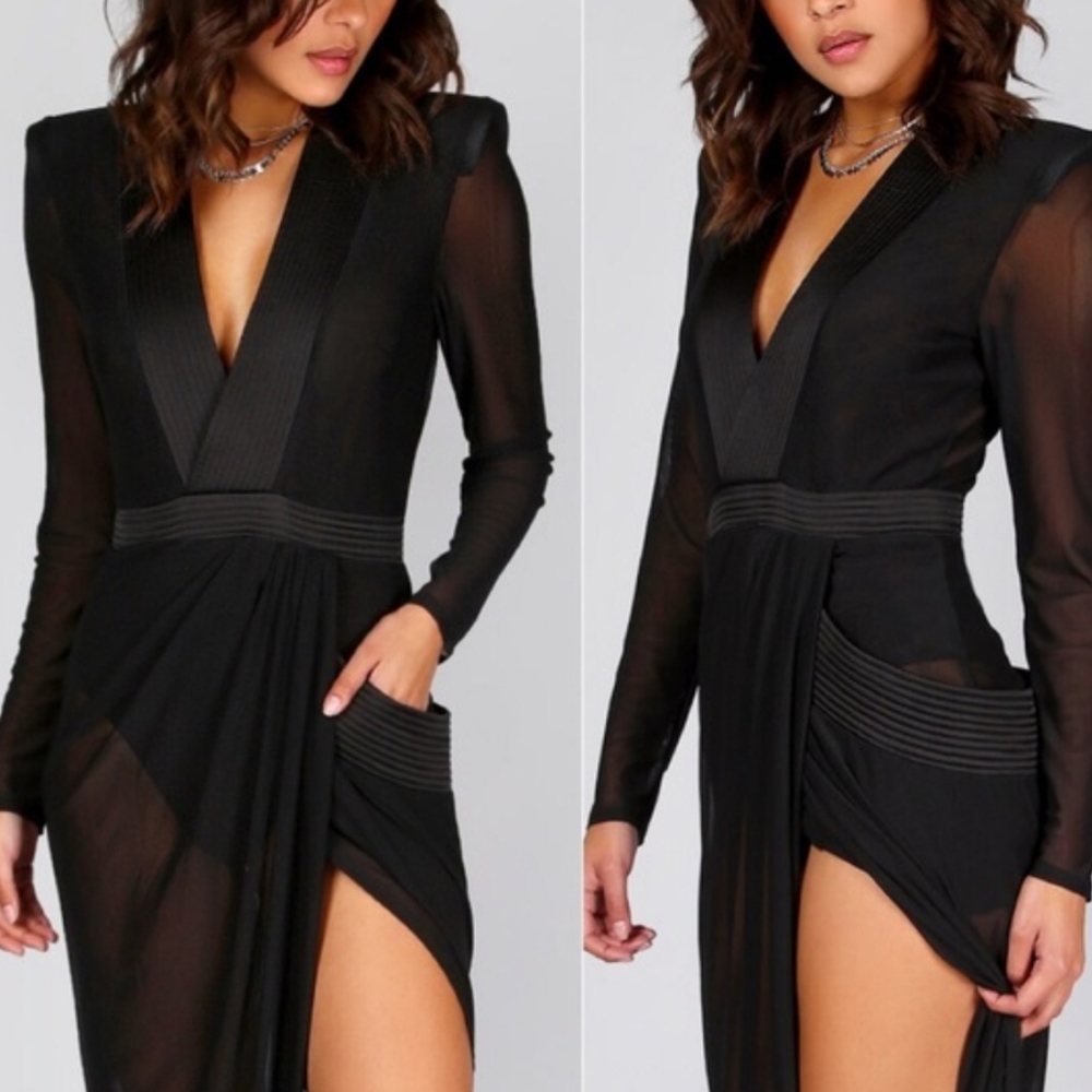 Padded shoulder high split sheer maxi dress